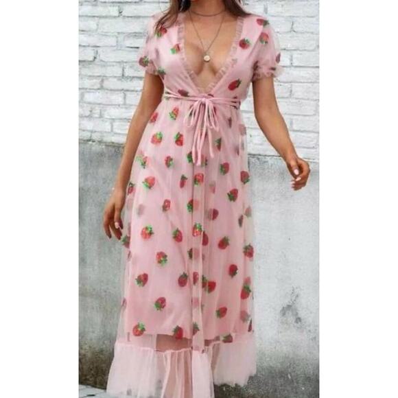 Strawberry Maxi Dress Sequin Fruit Spring Tulle Cottagecore Sz Med Pink Fairy Pr - Picture 1 of 8